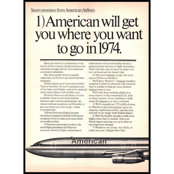1974 American Airlines Boeing 727 Jet Vintage Print Ad Aviation AVGeek Wall Art - Picture 1 of 1